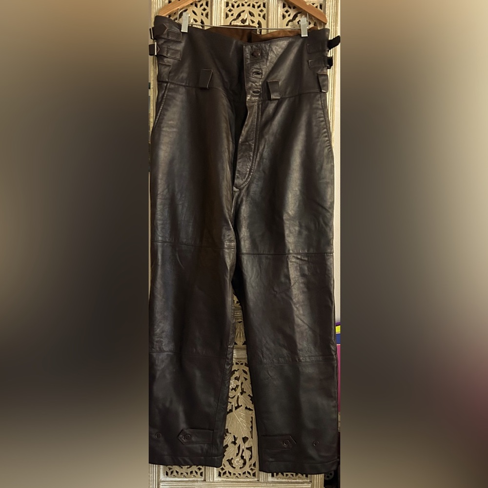 Brown Leather Motorcycle Riding Pants Men's Button Closure Adjustable Buckles